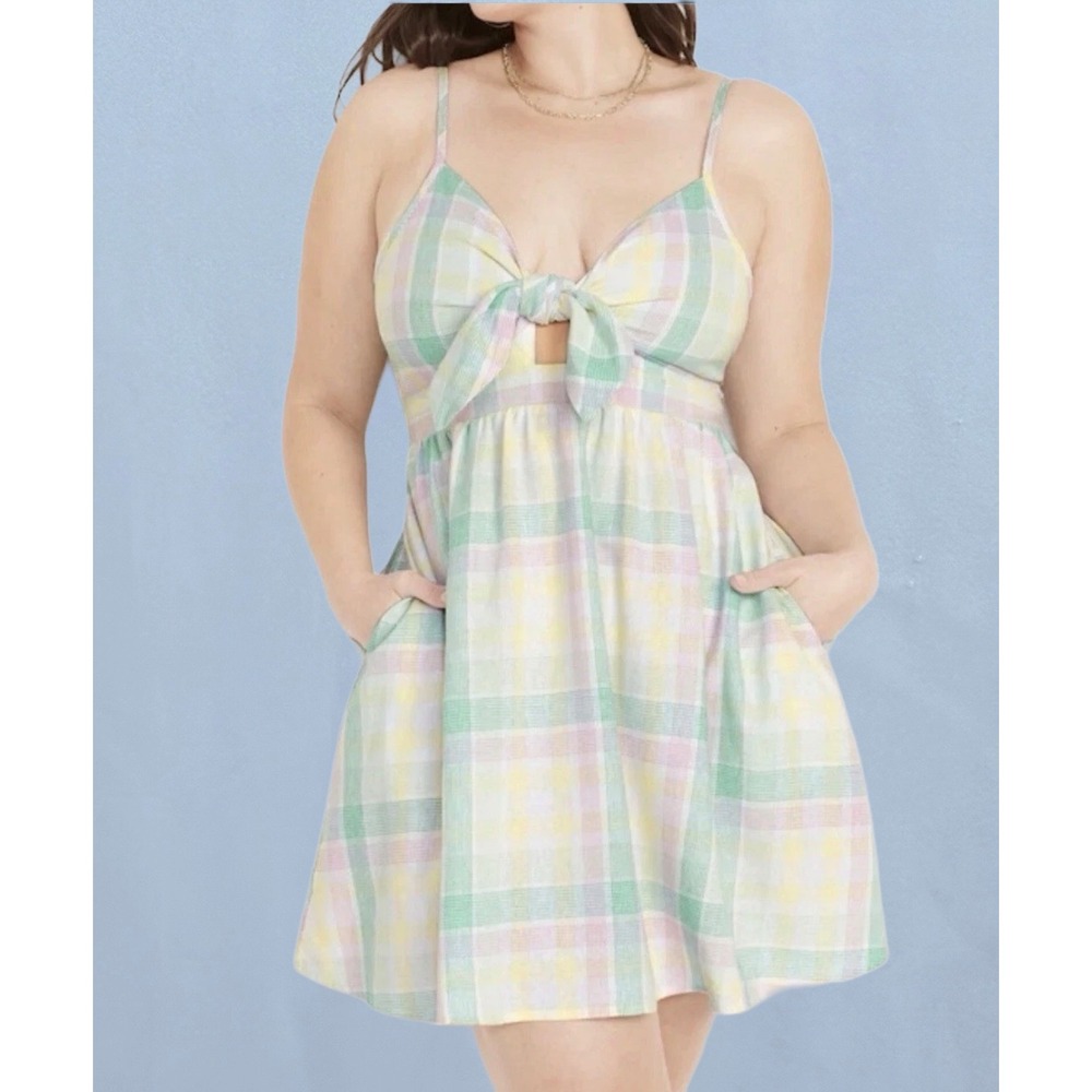 Old Navy Plaid Sundress Medium Pastel Tie Front Pocket Linen Blend Dress Med